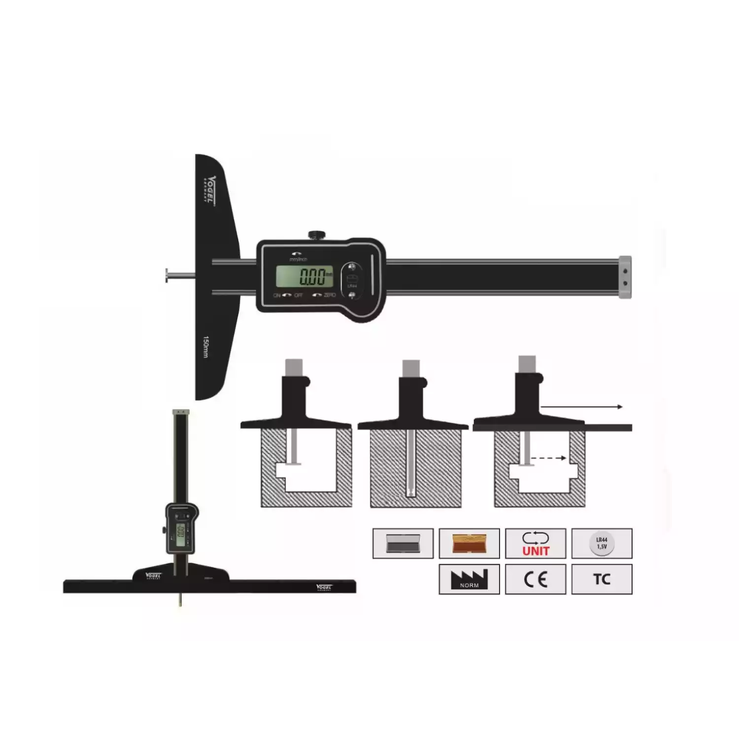 Штангенглубиномеры Vogel цифровые с круглой штангой и со сменными колками - 1