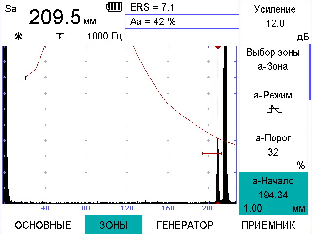 Сигнал от плоскодонного отверстия диаметром 3мм и глубиной 210 мм (дефектоскоп УСД-50 IPS) диаграмма